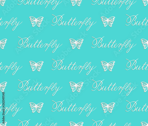 Vector seamless pattern of paper cut white butterflies on turquoise background. Repeating background for children d  cor  greeting card  stationery  poster. Butterfly copperplate calligraphy