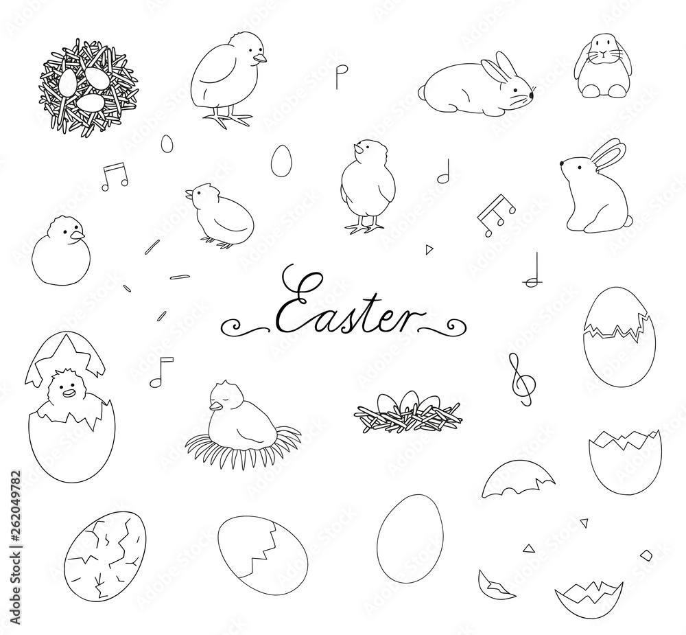 Vector black and white set of hatching chicks, rabbits, eggs, herbs, flowers. Cute cartoon style illustration. Hand drawn doodle Easter collection. Children illustration.. Vector black and white set of hatching chicks, rabbits, eggs, herbs, flowers. Cute cartoon style illustration. Hand drawn doodle Easter collection. Children illustration..