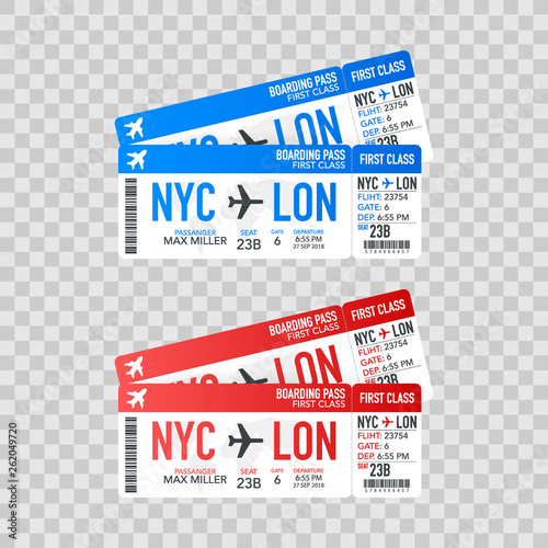 Airline boarding pass tickets to plane for travel journey. Vector illustration.