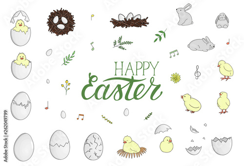 Vector set of hatching chicks, rabbits, eggs, herbs, flowers isolated on white. Cute cartoon style illustration. Hand drawn doodle Easter collection with lettering. Children illustration..