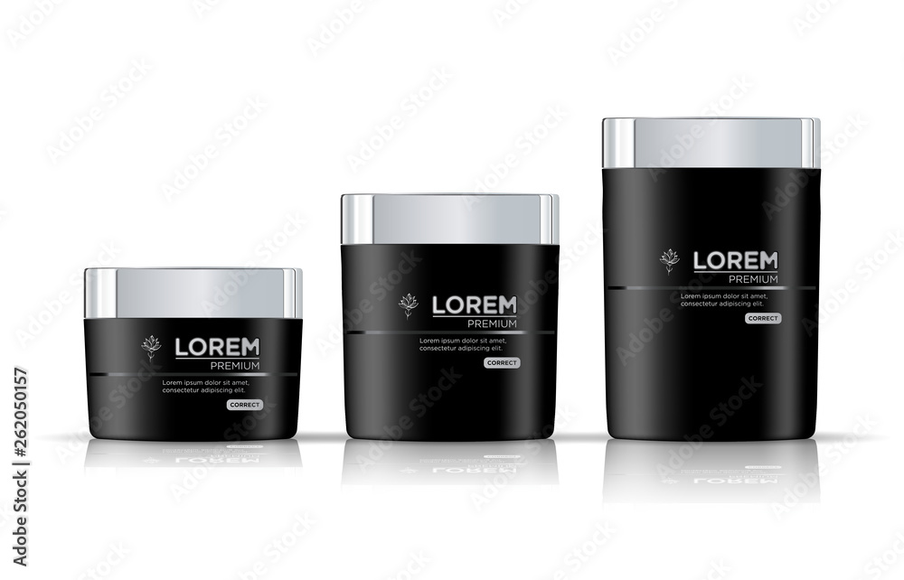 Realistic black cosmetic mockup cream container for cream, with silver lid.  Vector illustration EPS 10.