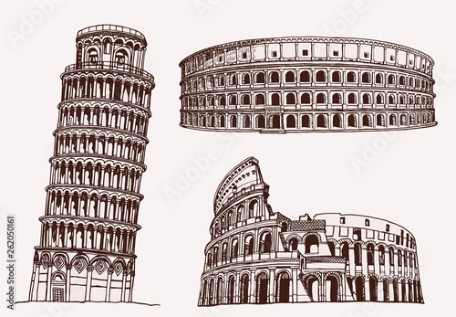 Graphical  vintage italian sightseeing, vector famous buildings