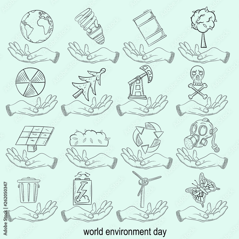Obraz premium contour illustration mans hand holding various objects of human life, the theme for world environment day