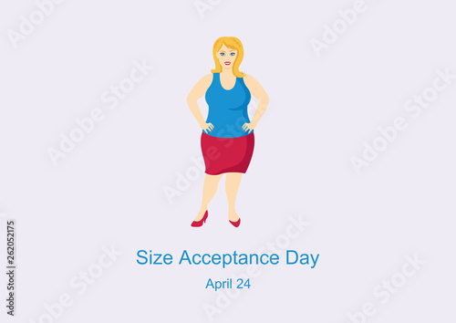 Size Acceptance Day vector. International No Diet Day. Curvy woman vector. Cheerful fat woman illustration. Happy plus size fashion model in a red skirt vector