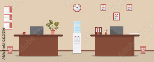 Office interior on a cream background. Tables, folders,wall calendar,laptops, clock,cup of coffee or tea,water cooler,monstera plant in pot,pen,pencil,bin,papers. Wooden floor. Vector illustration