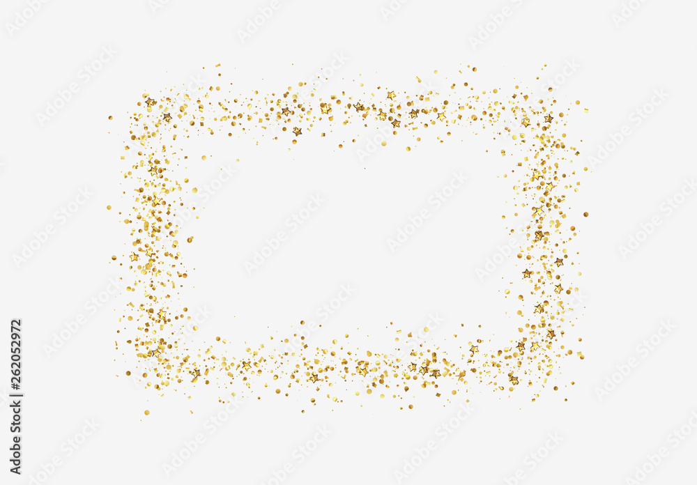 Decorative frame with glitter tinsel of confetti. Glow border of gold stars and dots points