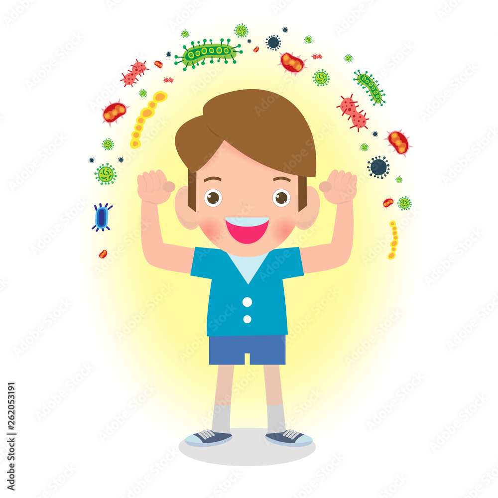 Healthy Boy reflect bacteria attack. kid and Protection Against Viruses