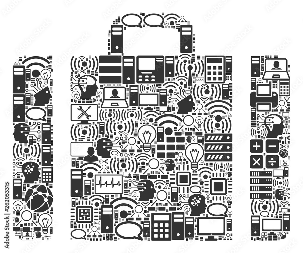 Baggage mosaic icon combined for bigdata and computing purposes. Vector baggage mosaics are combined from computer, calculator, connections, wi-fi, network, interface components into abstract pattern. Baggage mosaic icon combined for bigdata and computing purposes. Vector baggage mosaics are combined from computer, calculator, connections, wi-fi, network, interface components into abstract pattern.