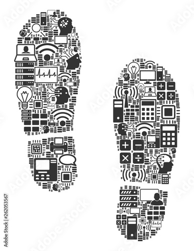 Boot Footprints composition icon organized for bigdata and computing purposes. Vector boot footprints mosaics are organized from computer, calculator, connections, wi-fi, network,