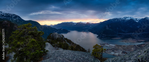 Scenic Panoramic Landscape view of the Beautiful Canadian Nature from the top of the Mountain during a colorful sunset. Taken in Squamish, North of Vancouver, BC, Canada.
