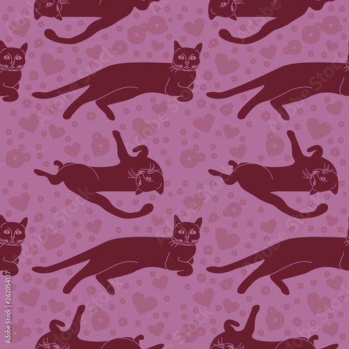 Seamless pattern Purple cats and figure heart on lilac background  - for fabrics, wallpapers, tablecloths, prints and designs.The EPS file (vector) has a pattern smoothly fill any shape.