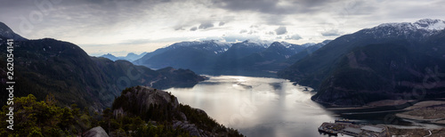 Scenic Panoramic Landscape view of the Beautiful Canadian Nature from the top of the Mountain during a cloudy day. Taken in Squamish, North of Vancouver, BC, Canada.
