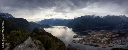 Scenic Panoramic Landscape view of the Beautiful Canadian Nature from the top of the Mountain during a cloudy day. Taken in Squamish, North of Vancouver, BC, Canada.