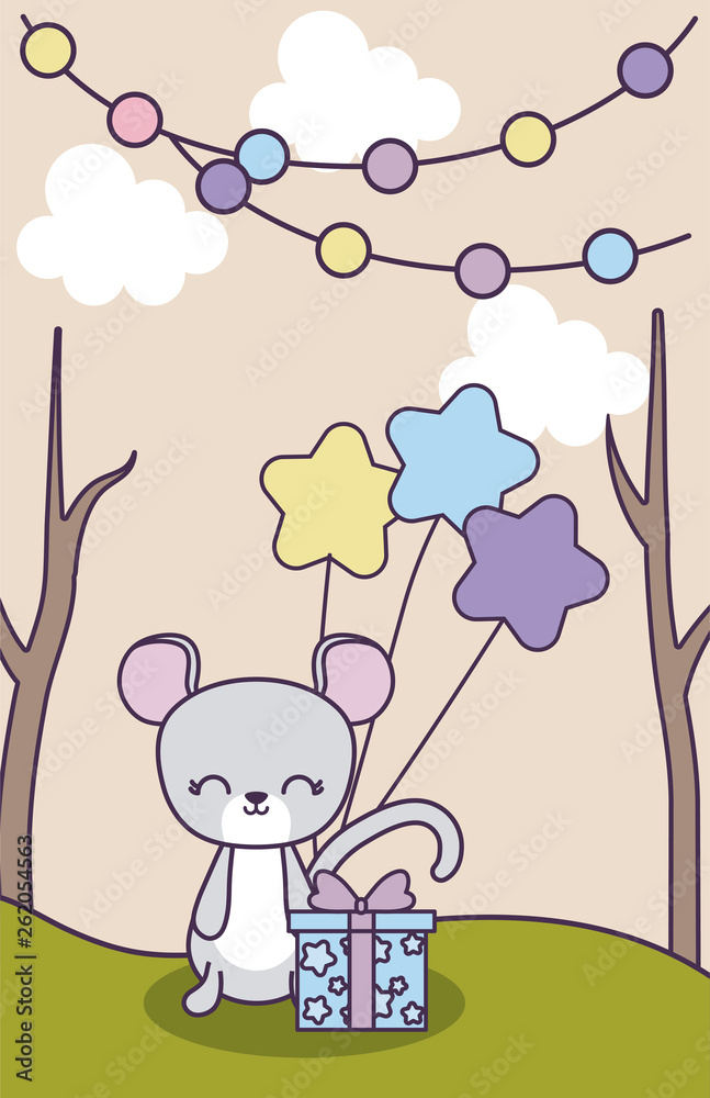 Fototapeta premium cute mouse with garlands hanging in landscape