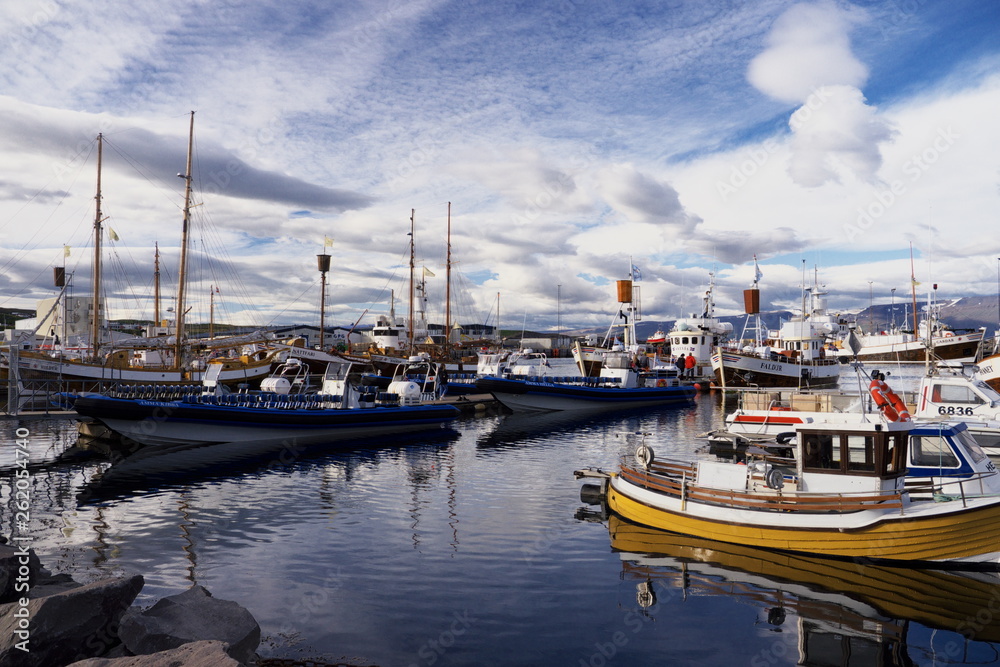 View of the harbour of Husavik in Iceland