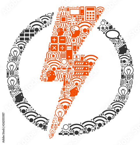 Electricity collage icon done for bigdata and computing purposes. Vector electricity mosaics are composed from computer, calculator, connections, wi-fi, network, interface icons into abstract collage.