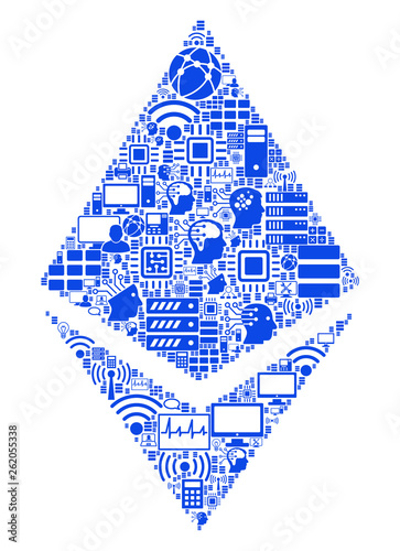 Ethereum Crystal collage icon combined for bigdata and computing illustrations. Vector Ethereum crystal mosaics are combined from computer, calculator, connections, wi-fi, network,