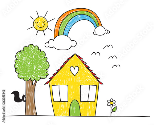 Children's drawing style house and surroundings