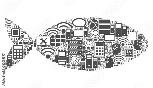 Fish mosaic icon organized for bigdata and computing illustrations. Vector fish mosaics are organized from computer, calculator, connections, wi-fi, network,
