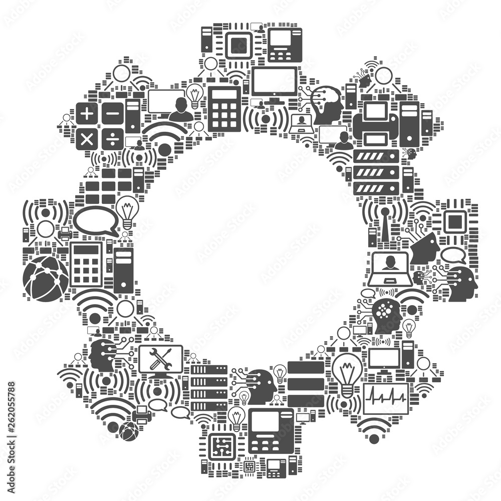 Gear composition icon organized for bigdata and computing illustrations. Vector gear mosaics are composed from computer, calculator, connections, wi-fi, network,