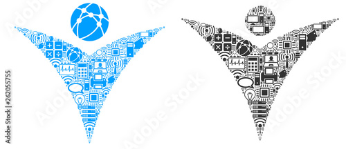 Futuristic Man composition icon combined for bigdata and computing illustrations. Vector futuristic man mosaics are combined from computer, calculator, connections, wi-fi, network,