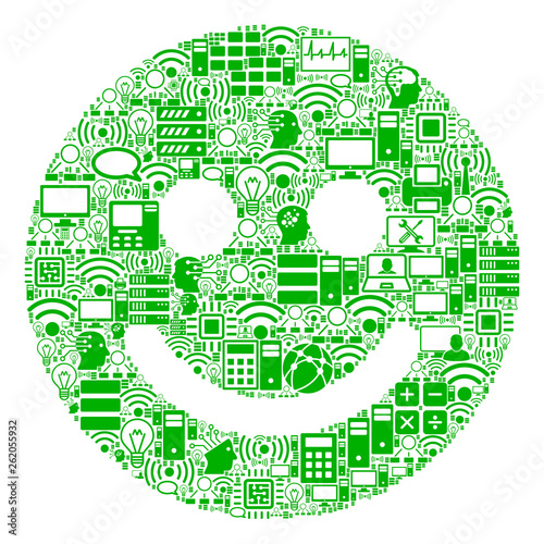 Glad Smile composition icon organized for bigdata and computing purposes. Vector glad smile mosaics are organized from computer, calculator, connections, wi-fi, network,