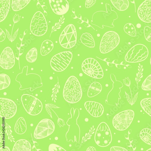 Vector illustration. Seamless pattern. Easter eggs. Leaves and willow branch. Easter bunny. Card green background.
