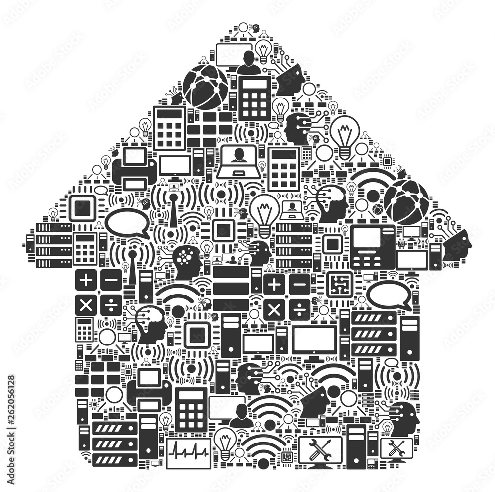 House composition icon organized for bigdata and computing illustrations. Vector house mosaics are organized from computer, calculator, connections, wi-fi, network,