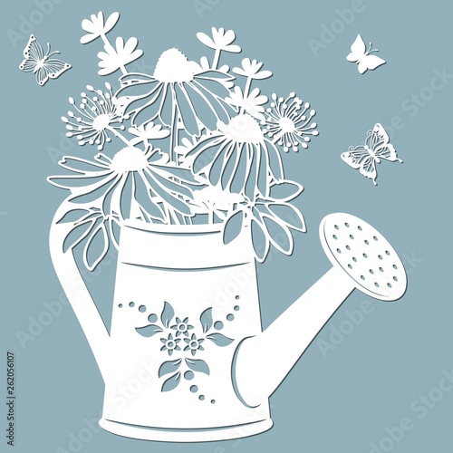 Echinacea, dandelions with Scheffler in a jar of water. watering can. Vector illustration. Paper flower, stickers. Laser cut. Template for Plotter. Pattern for the laser cut, serigraphy, plotter and s