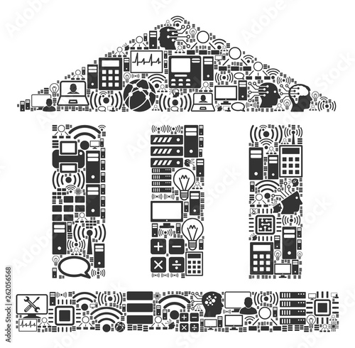Library Building collage icon organized for bigdata and computing purposes. Vector library building mosaics are organized from computer, calculator, connections, wi-fi, network,