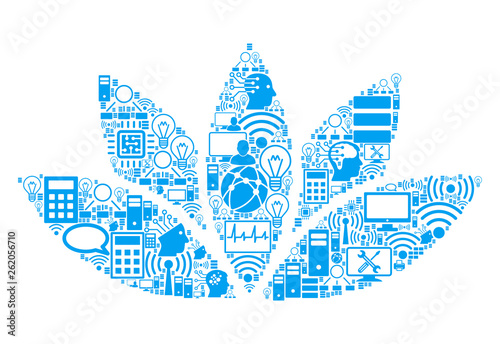 Lotus Flower collage icon combined for bigdata and computing illustrations. Vector lotus flower mosaics are combined from computer, calculator, connections, wi-fi, network,