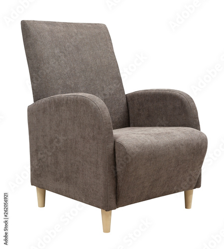 Armchair isolated on white background. Armchair in a gray-brown fabric on wooden legs