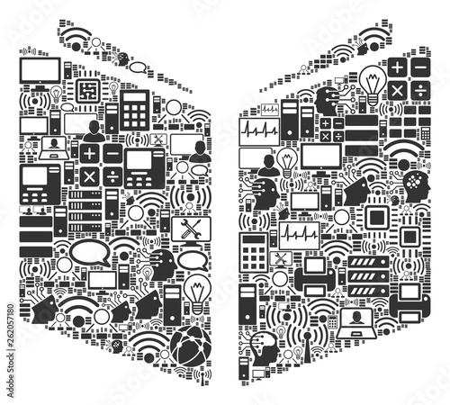 Open Book collage icon done for bigdata and computing illustrations. Vector open book mosaics are organized from computer, calculator, connections, wi-fi, network,