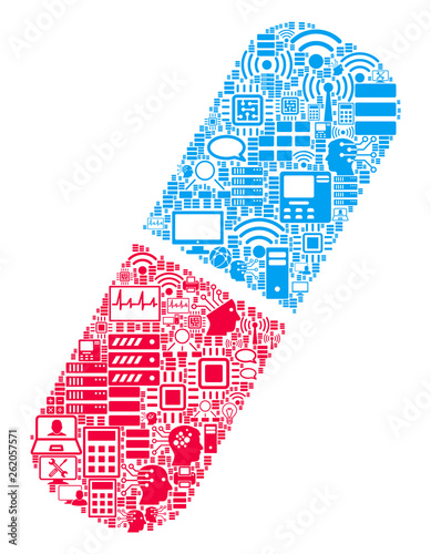 Pill mosaic icon constructed for bigdata and computing purposes. Vector pill mosaics are united from computer, calculator, connections, wi-fi, network, interface elements into abstract composition.