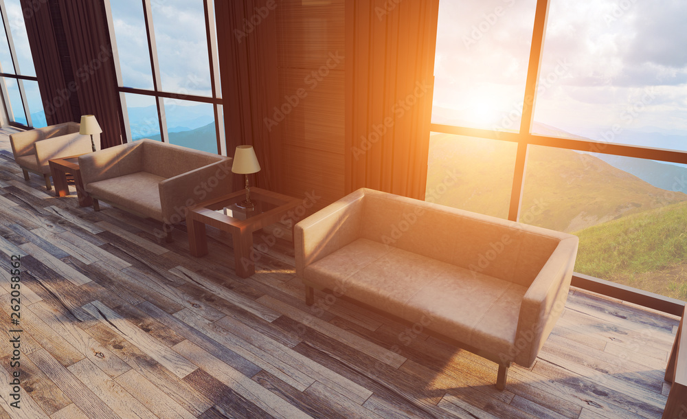 View of soft leather furniture in the hotel lobby. Reception Business background.. Sunset. 3D rendering View of soft leather furniture in the hotel lobby. Reception Business background.. Sunset. 3D rendering