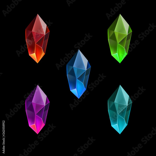 Set of Different Game Resources Cartoon Gems or Crystals. Luxury Symbol on the Black Background
