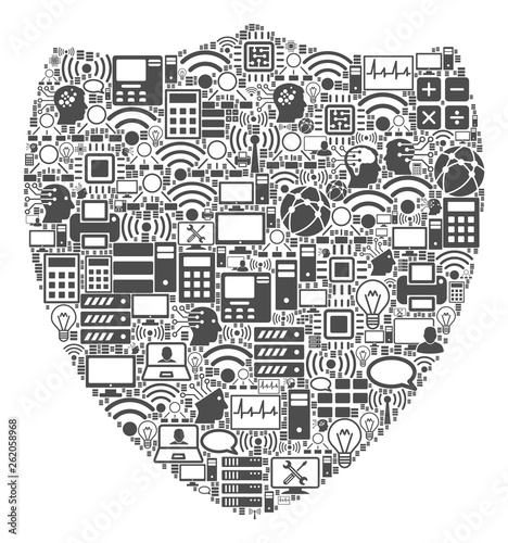 Shield composition icon done for bigdata and computing purposes. Vector shield mosaics are united from computer, calculator, connections, wi-fi, network, interface symbols into abstract composition.