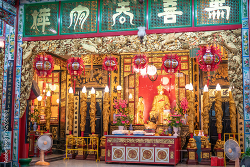 The language at the top is the name of the chinese gods called Tai Hong Kong Shrine in Poh Teck Tung Foundation the famous place for Chinese New Year at downtown Bangkok, Thailand. © wittayayut