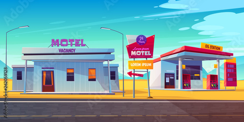 Roadside motel with parking, oil station and index signboard standing at wayside in day time. Noctidial comfortable hotel accommodation for traveling people. Car tourism. Cartoon vector illustration.