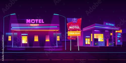 Roadside motel with car parking and oil station glowing at night with bright neon illumination background. Round the clock comfortable accommodation for traveling people. Cartoon vector illustration.