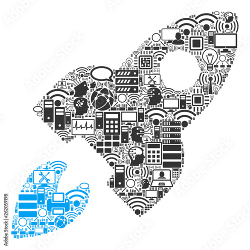Space Rocket composition icon combined for bigdata and computing purposes. Vector space rocket mosaics are combined from computer, calculator, connections, wi-fi, network,