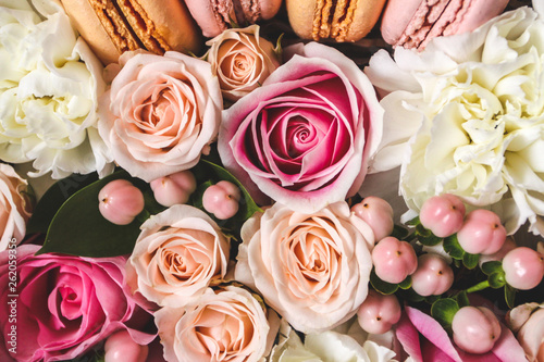 Beautiful floral background in the Box with the macaroons on top of the background