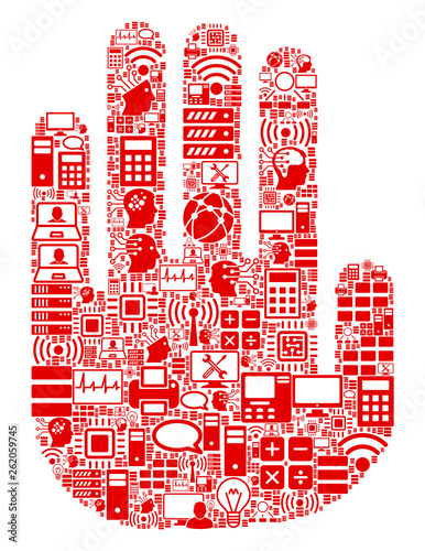 Stop Hand collage icon designed for bigdata and computing purposes. Vector stop hand mosaics are composed from computer, calculator, connections, wi-fi, network,
