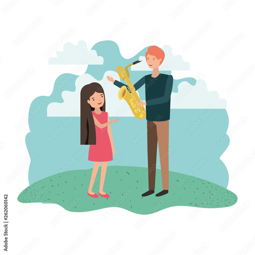 man with daughter and saxophone character man with daughter and saxophone character