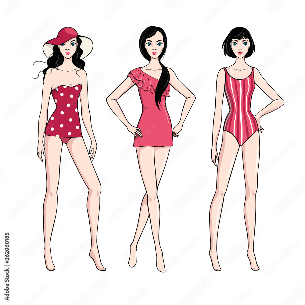 Three hand-drawn beautiful young women in swimsuits. Fashion cute girls. Sketch. Vector illustration Three hand-drawn beautiful young women in swimsuits. Fashion cute girls. Sketch. Vector illustration