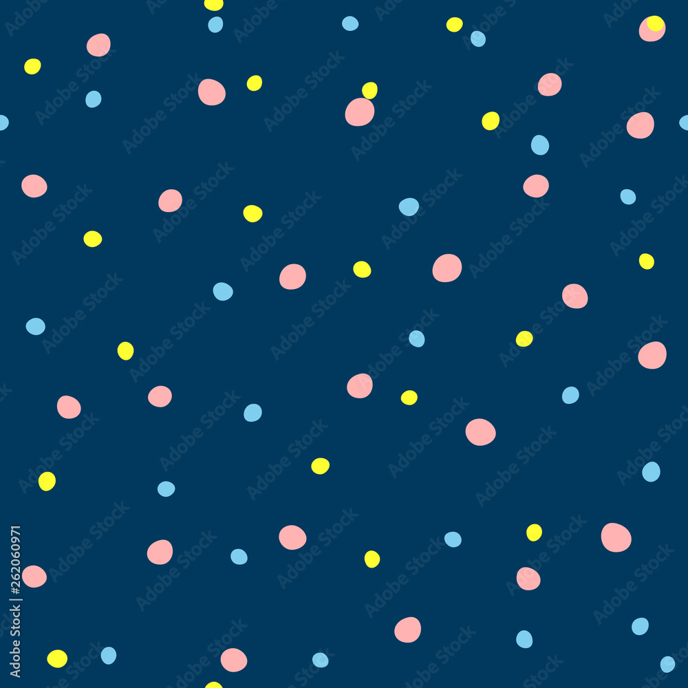 Color irregular polka dot. Simple seamless pattern. Blue, yellow, pink. Color irregular polka dot. Simple seamless pattern. Blue, yellow, pink.