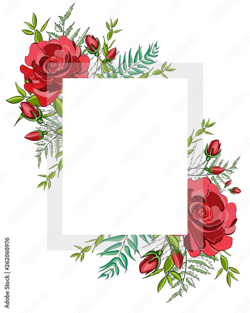 Fototapeta Square frame of red blossom rose flowers with square white transparent frame for text. template for greeting card, wedding or Valentine's day.