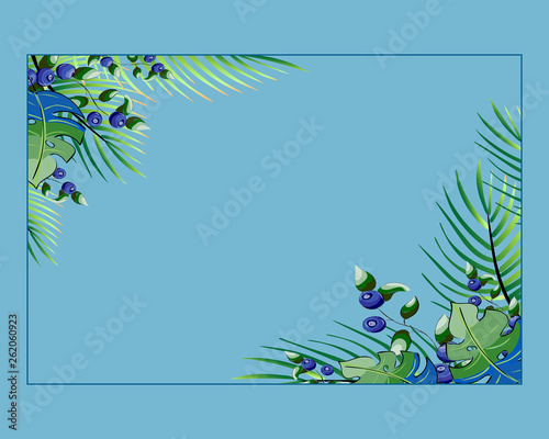 floral style card design with forest greenery blue leaves on blue background.  natural  botanical  elegant template
