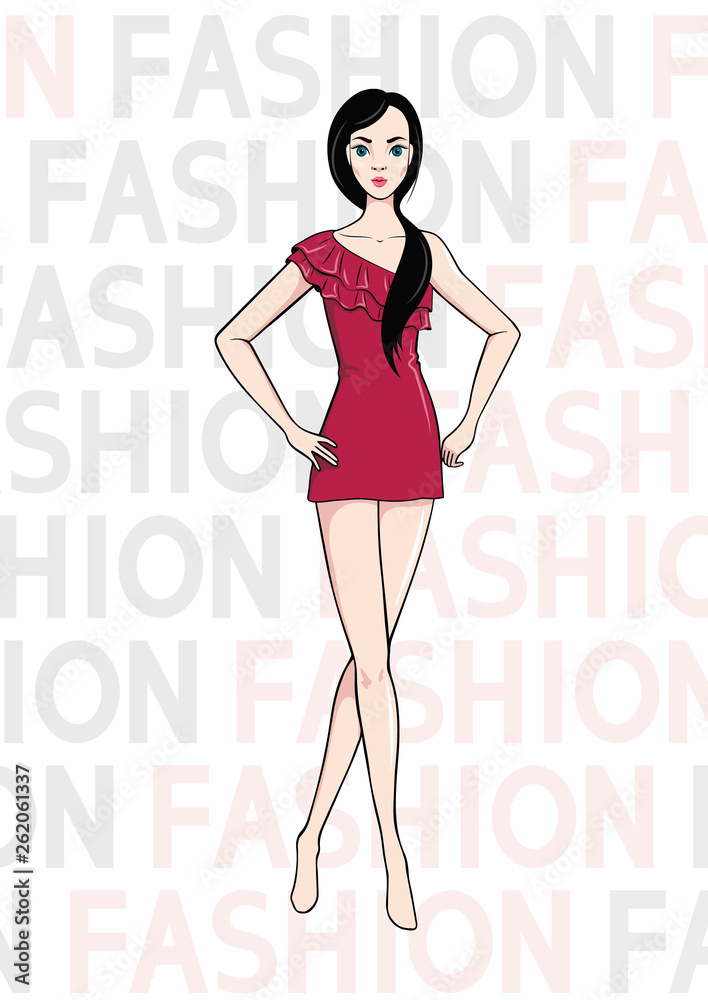 Pretty hand-drawn girl in swimsuit. Fashion magazine cover or page template. Vector illustration Pretty hand-drawn girl in swimsuit. Fashion magazine cover or page template. Vector illustration