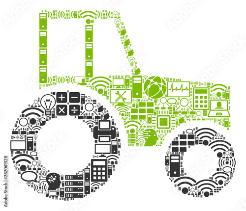 Wheeled Tractor mosaic icon created for bigdata and computing purposes. Vector wheeled tractor mosaics are composed from computer, calculator, connections, wi-fi, network,
